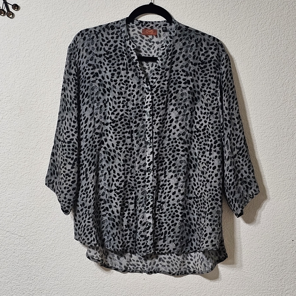 Scully Blouse Womens XXL V Neck 3/4 Sleeve Button Up Top Gray & Black